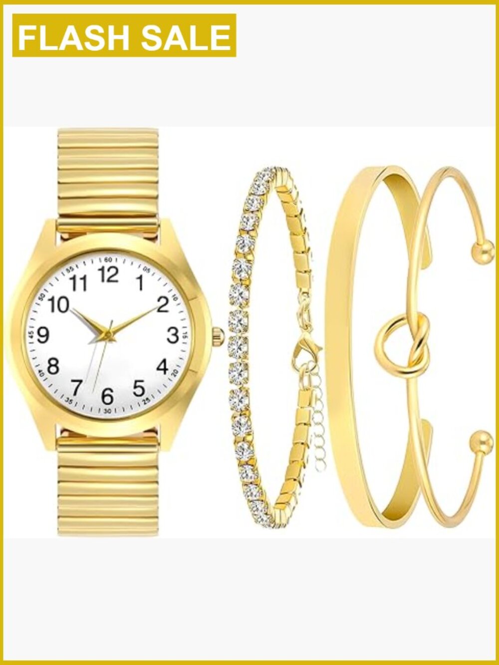 6pc Gold Watch and Bracelet Stackable Set Stainless Steel Stretch